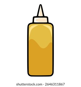 A vector illustration of a mustard bottle with a pointed cap, showcasing a simple yet appealing cartoon style with a golden yellow color scheme.