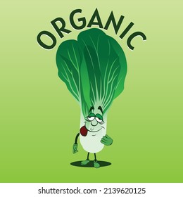 vector illustration of a mustard green cartoon character with expression and organic text.