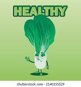 vector illustration of a mustard green cartoon character with expression and healthy text.