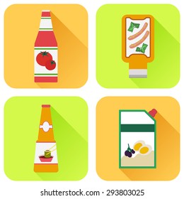 Vector illustration of mustard, mayonnaise, ketchup and soy sauce. Icon set.