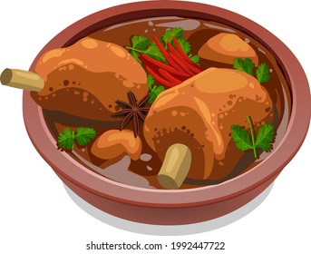 Vector Illustration of Mutton curry  or Lamb curry,spicy and delicious dish garnished with curry leaves ,coriander leaf and red chilli in an earthenware.