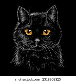Vector illustration of a muzzle of a black cat with amber eyes in the style of engraving