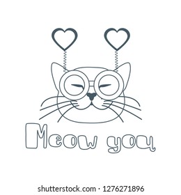 Vector illustration with muzzle of cat in carnival glasses with hearts. Greeting card happy Valentine's Day. Romantic background. Carnival festive concept.