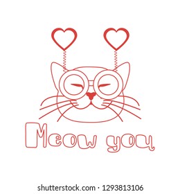 Vector illustration with muzzle of cat in carnival glasses with hearts. Greeting card happy Valentine's Day. Romantic background. Carnival festive concept.