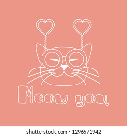 Vector illustration with muzzle of cat in carnival glasses with hearts. Greeting card happy Valentine's Day. Romantic background. Carnival festive concept.