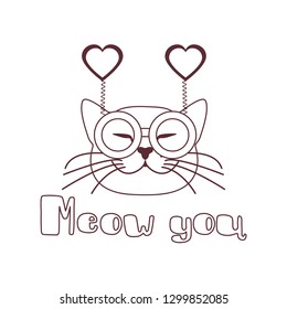Vector illustration with muzzle of cat in carnival glasses with hearts. Greeting card happy Valentine's Day. Romantic background. Carnival festive concept.