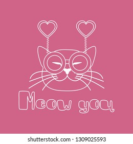 Vector illustration with muzzle of cat in carnival glasses with hearts. Greeting card happy Valentine's Day. Romantic background. Carnival festive concept.