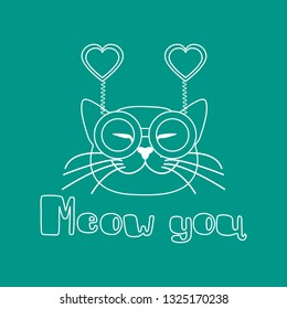 Vector illustration with muzzle of cat in carnival glasses with hearts. Greeting card happy Valentine's Day. Romantic background. Carnival festive concept.