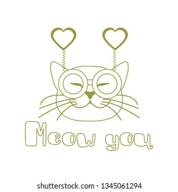 Vector illustration with muzzle of cat in carnival glasses with hearts. Greeting card happy Valentine's Day. Romantic background. Carnival festive concept.