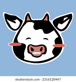 vector illustration of a muzzle of a cow, on a blue background. Emotion sticker of happiness, joy, embarrassment, confirmation
