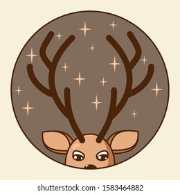 Vector illustration of a muzzle and deer horns in a round frame.