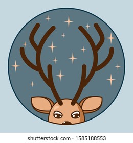 Vector illustration of a muzzle and deer horns in a round frame.