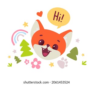 Vector illustration of muzzle of happy red fox character with bubble speech and fir tree on white color background. Flat style design of face of animal fox for web, site, banner, poster, child card