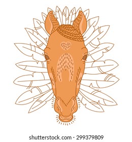 vector illustration of a muzzle of a horse, in the headdress of an Indian with feathers, ideal for prints to your t-shirt