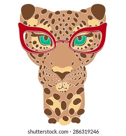 vector illustration, the muzzle of the leopard in fashion glasses for prints on your clothes