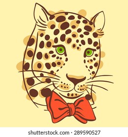 vector illustration muzzle with a trendy leopard bow tie, a print for your t-shirts or sweatshirts