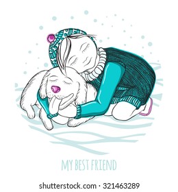 Vector illustration. My best friend. Little girl hugging a good dog. Hand drawing. Winter picture. The falling snow. Children's picture for greeting cards. Picture a little girl, knitted sweater, hat.