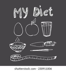Vector illustration with my diet ration with egg,apple, juice, greens,carrot