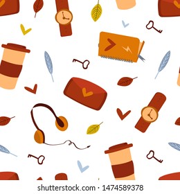 vector illustration. my favorite fall. magical autumn pattern: leaf fall, tea, headphones, watches, letter.