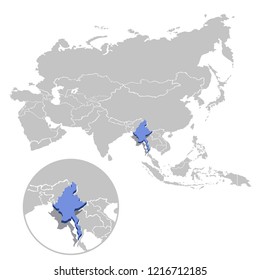Vector illustration of Myanmar in blue on the grey model of Asia map with zooming replica of country.