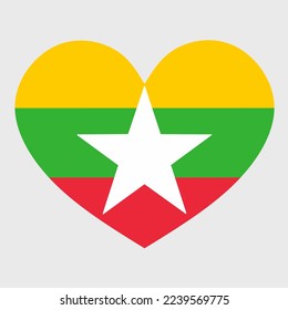 Ilustración vectorial de la bandera de Myanmar con forma de corazón aislado en un fondo plano. Amo Birmania. Feliz Día de la Independencia