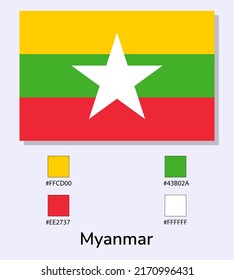 Vector Illustration of Myanmar flag isolated on light blue background. Illustration National Myanmar flag with Color Codes. As close as possible to the original. ready to use, easy to edit. 
