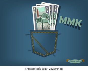 vector illustration of myanmar kyat in the pocket of blue jeans