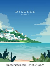 Ilustración vectorial. Mykonos, Grecia. Diseño de póster, banner vertical, postal. Estilo moderno.