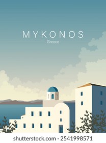 Ilustração vetorial. Mykonos Grécia . Cartaz, faixa, capa, cartão postal. Design moderno. Turismo, viagens.