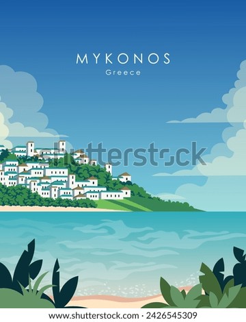 Vector illustration. Mykonos, Greece. Poster design, vertical banner, postcard. Modern style.