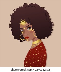 Vector Illustration Mysterious black woman with gold stars. Can be used for creating poster, label and other.