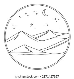 Vector illustration of mysterious desert with moon and stars. Night sky scenery modern line art. Silhouette landscape for emblem, badge, label, banner. Minimal flat nature graphic.