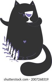 Vector illustration of mysterious fat cat with closed eyes holding glass of wine and plant branch. Colored typography poster with text and pet