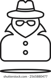 Vector illustration of a mysterious figure in a hat and coat, symbolizing anonymity, secrecy, and undercover operations