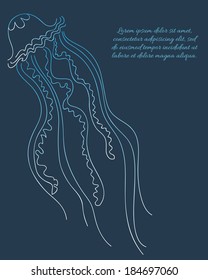 Vector illustration with a mysterious jellyfish in dark blue deep water. Text box.