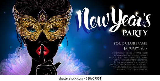 Vector Illustration. A mysterious lady in golden carnival mask put a finger on lips in a hush gesture. Concept design with hand drawn New Year lettering for greeting card, invitation, banner or flyer.