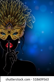 Vector Illustration. A mysterious lady in golden carnival mask with feathers, put a finger on lips in a gesture hush gesture. Beautiful Concept design for greeting card, invitation, banner or flyer.