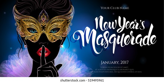 Vector Illustration. A mysterious lady in golden carnival mask put a finger on lips in a hush gesture. Beautiful Concept design for greeting card, invitation, banner or flyer.