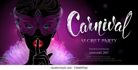 Vector Illustration. A mysterious lady in silver carnival mask put a finger on lips in a hush gesture. Concept design with hand drawn lettering for greeting card, invitation, banner or flyer.