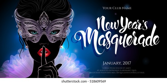 Vector Illustration. A mysterious lady in silver carnival mask put a finger on lips in a hush gesture. Concept design with hand drawn New Year lettering for greeting card, invitation, banner or flyer.