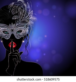 Vector Illustration. A mysterious lady in silver carnival mask with feathers, put a finger on lips in a gesture hush gesture. Beautiful Concept design for greeting card, invitation, banner or flyer.