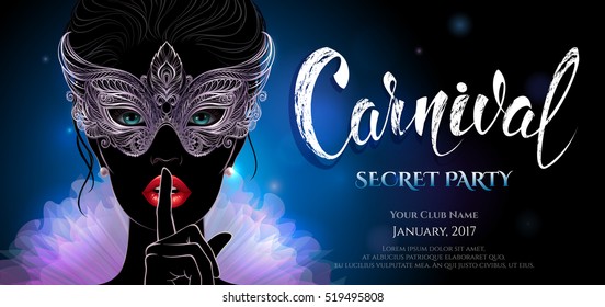 Vector Illustration. A mysterious lady in silver carnival mask with feathers, put a finger on lips in a hush gesture. Concept design for greeting card, invitation, banner or flyer.