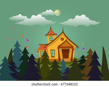vector illustration of mystery of house. landscape forest