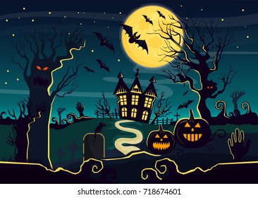 Vector illustration of mystery house with pumpkin lanterns and creatures decorated for Halloween. Halloween card with old scary horror house.