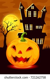 Vector illustration of mystery house with pumpkin lanterns
