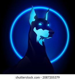 Vector Illustration Mystic Doberman Dog In Neon Light