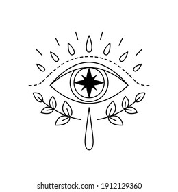 Vector illustration of mystic eye, providence sight with star inside. Magic witchcraft symbol. Geometric line evil eye amulet with leaves. Esoteric sign. Sacred geometry, occultism. Isolated on white
