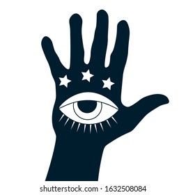 Vector illustration of mystic Hamsa all-seeing eye in hand symbol. Vector illustration. Spirituality, astrology and esoteric concept.