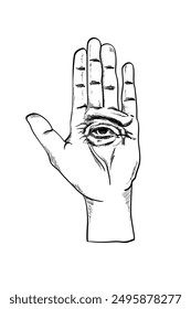 Vector illustration of mystic Hamsa all-seeing eye in hand symbol. Sketch drawing in vintage style