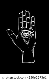 Vector illustration of mystic Hamsa all-seeing eye in hand symbol. Sketch drawing in vintage style